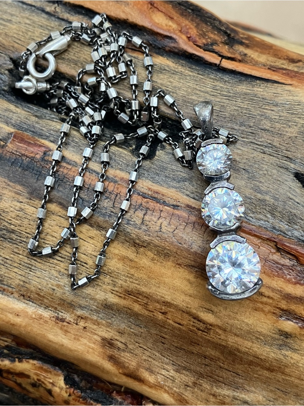 Sterling Silver Triple Round Cubic Zirconia Pendant Beaded Necklace